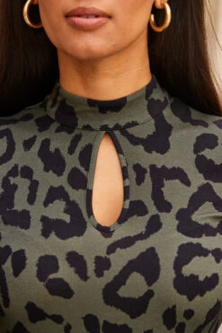 Khaki Green Animal Print Keyhole Detail Wide Leg Jumpsuit -Opal & Oak Store web 91 s23jj004khan01 131