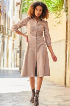 Taupe Faux Leather Popper Front Shirt Dress -Opal & Oak Store web 96 a20dp004bn0024 040