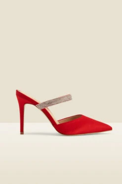 Sofia Red Satin Diamante Strap Pointed Toe Mule -Opal & Oak Store web a22fw033rd0017 b