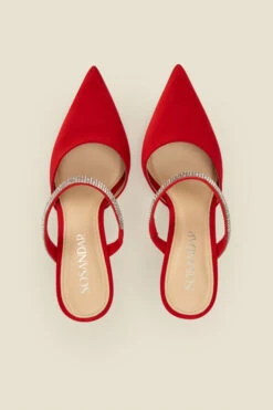 Sofia Red Satin Diamante Strap Pointed Toe Mule -Opal & Oak Store web a22fw033rd0017 c