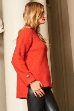 Red High Neck Folded Button Cuff Jumper -Opal & Oak Store web a19tk115 69387