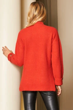 Red High Neck Folded Button Cuff Jumper -Opal & Oak Store web a19tk115 69389