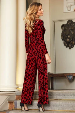 Red Animal Print Wrap Front Wide Leg Jumpsuit With Pockets -Opal & Oak Store web a20jj004 1149 rt