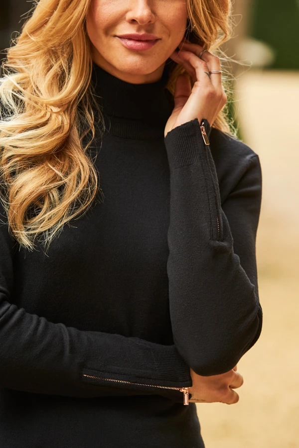 Black Roll Neck Rose Gold Zip Detail Jumper 6 Black Roll Neck Rose Gold Zip Detail Jumper - Image 6