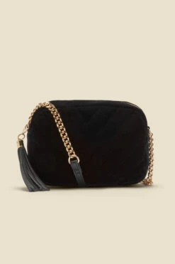 Black Soft Velvet Quilted Tassel Detail Cross Body Bag -Opal & Oak Store web a22ac009bk a