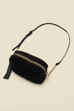 Black Soft Velvet Quilted Tassel Detail Cross Body Bag -Opal & Oak Store web a22ac009bk c