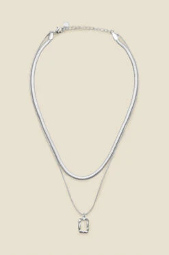 Silver Square Pendant Slinky Chain Layered Necklace