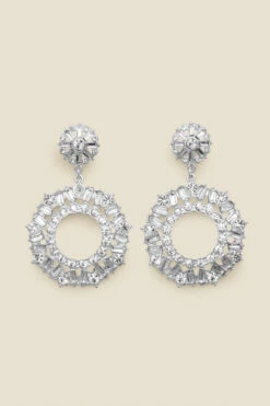 Silver Oversized Rhinestone Round Drop Earrings