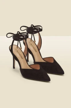 Valeria Black Suede Pointed Toe Court With Ankle Wrap -Opal & Oak Store web a22fw036bk a