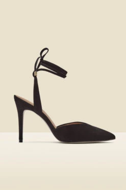 Valeria Black Suede Pointed Toe Court With Ankle Wrap -Opal & Oak Store web a22fw036bk b