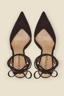 Valeria Black Suede Pointed Toe Court With Ankle Wrap -Opal & Oak Store web a22fw036bk c