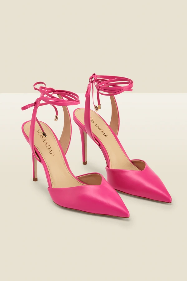 Valeria Hot Pink Leather Pointed Toe Court With Ankle Wrap 1 Valeria Hot Pink Leather Pointed Toe Court With Ankle Wrap