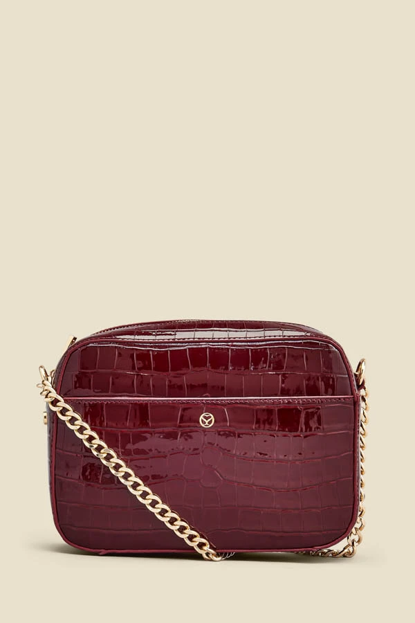 Wine Croc Faux Leather Chain Detail Cross Body Bag 2 Wine Croc Faux Leather Chain Detail Cross Body Bag - Image 2