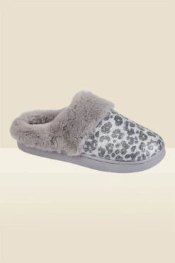 Silver Glitter Leopard Print Mule Slippers With Faux Fur Lining