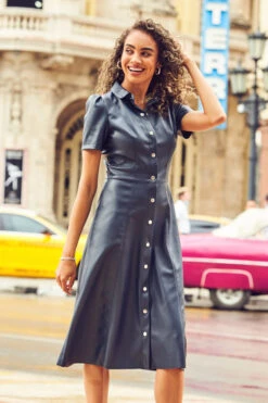 Navy Blue Faux Leather Short Sleeve Popper Front Shirt Dress