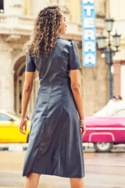 Navy Blue Faux Leather Short Sleeve Popper Front Shirt Dress -Opal & Oak Store web cc 37 a21dp007be0003 346