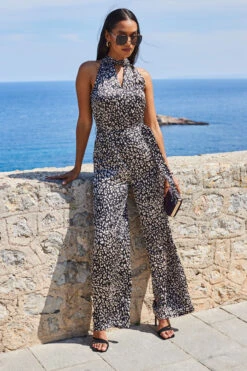 Natural Animal Print Satin High Neck Keyhole Detail Jumpsuit -Opal & Oak Store web crop 2306 82 s23jw042bkan01 82 042