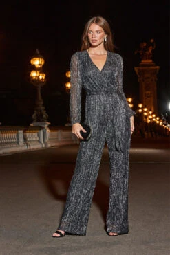 Silver Sparkle Plisse Wrap Front Wide Leg Jumpsuit