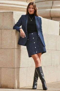 Navy Blue Boucle Button Front A-Line Skirt