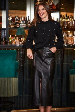 Black Faux Leather Long Line Pencil Skirt With Split -Opal & Oak Store web crop 2309 109 a23tk263bk0001 109 060