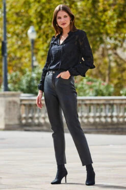 Black Floral Jacquard Ruffle Sleeve Blouse