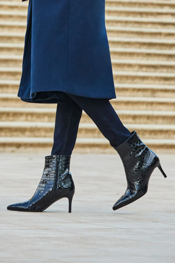Black Croc Leather Mid Heel Ankle Boot 1 Black Croc Leather Mid Heel Ankle Boot
