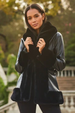 Black Faux Leather Coat With Faux Fur Trim