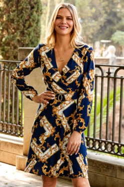 Navy Blue & Gold Baroque Print Belted Fit & Flare Dress