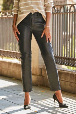 Black Leather Straight Leg Trousers -Opal & Oak Store web crop 35 a22bj003bk0001 209