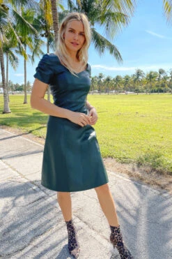 Emerald Green Leather Look Ruched Sleeve Detail Dress -Opal & Oak Store web hi img 2532