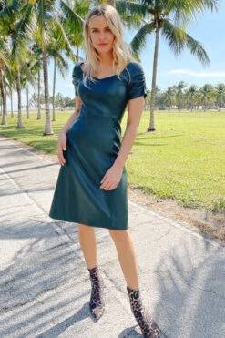 Emerald Green Leather Look Ruched Sleeve Detail Dress -Opal & Oak Store web hi img 2539
