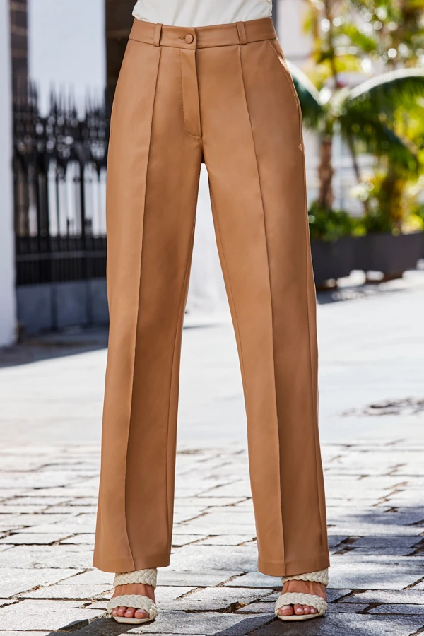 Tan Faux Leather Wide Leg Trousers 3 Tan Faux Leather Wide Leg Trousers - Image 3