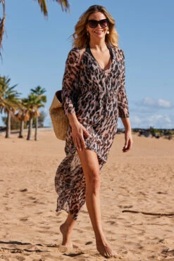 Leopard Print Tie Waist Fluted Sleeve Beach Kaftan