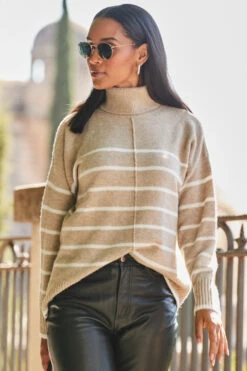 Taupe & White Stripe Roll Neck Jumper 10 Taupe & White Stripe Roll Neck Jumper -Opal & Oak Store web rt 35 a22bj003bk0001 125