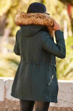 Green Faux Fur Hooded Parka With Gold Zip Pockets -Opal & Oak Store web rt 37 ss19or01bk0001 110