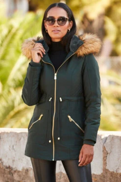 Green Faux Fur Hooded Parka With Gold Zip Pockets -Opal & Oak Store web rt 37 ss19or01bk0001 169