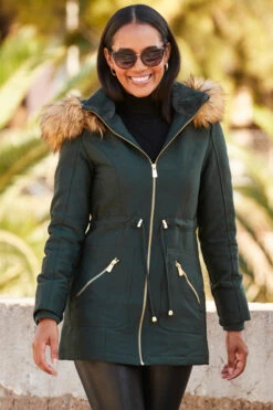Green Faux Fur Hooded Parka With Gold Zip Pockets -Opal & Oak Store web rt 37 ss19or01bk0001 176