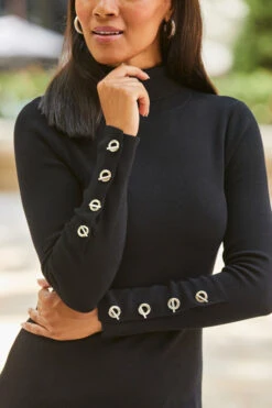 Black Roll Neck Button Cuff Detail Knitted Dress -Opal & Oak Store web rt 44 a22dk550bk0001 195