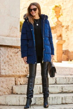 Navy Blue Luxe Velvet Padded Coat -Opal & Oak Store web rt 77 a22ow004be0003 079