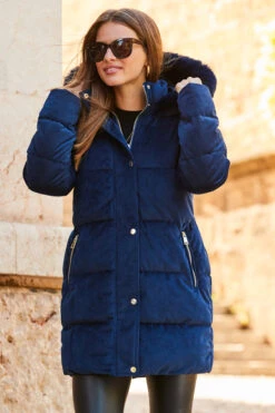 Navy Blue Luxe Velvet Padded Coat -Opal & Oak Store web rt 77 a22ow004be0003 161