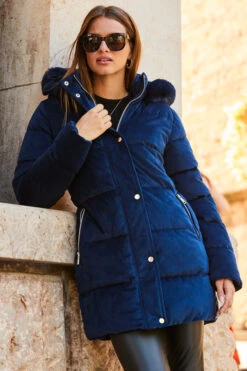 Navy Blue Luxe Velvet Padded Coat