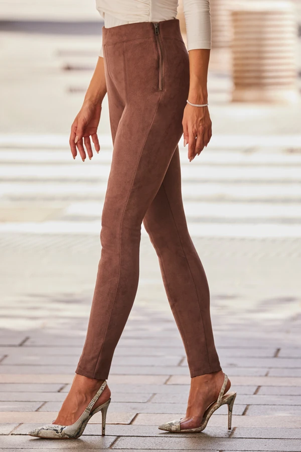 Taupe Faux Suede Seam Detail Premium Leggings 3 Taupe Faux Suede Seam Detail Premium Leggings - Image 3