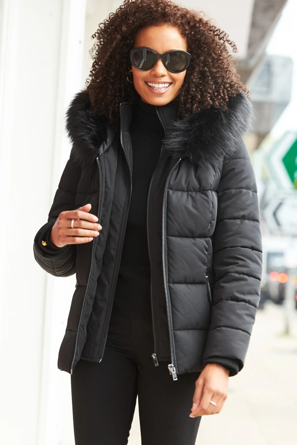 Black Faux Fur Trim Luxe Padded Coat 4 Black Faux Fur Trim Luxe Padded Coat - Image 4