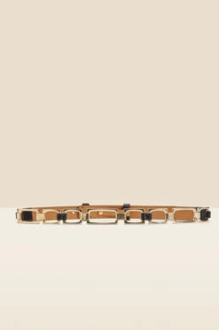 Black Leather Waist Belt With Chain Trim -Opal & Oak Store web s22ac052bk a