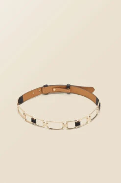 Black Leather Waist Belt With Chain Trim -Opal & Oak Store web s22ac052bk b