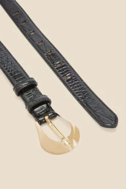 Black Oversized Rounded Buckle Croc Leather Waist Belt -Opal & Oak Store web s22ac053bk c