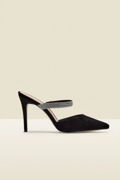 Sofia Black Suede Diamante Strap Pointed Toe Mule -Opal & Oak Store web s22fw020bk a rt