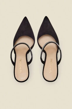 Sofia Black Suede Diamante Strap Pointed Toe Mule -Opal & Oak Store web s22fw020bk b rt