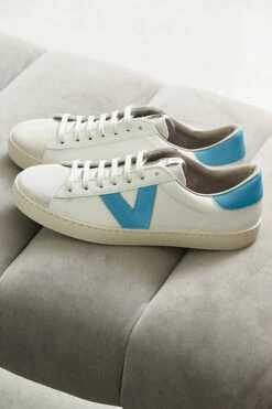 Victoria Turquoise V Detail Leather Trainers -Opal & Oak Store web shoes 078 blue rt