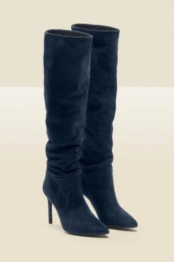 Navy Blue Belle Suede Heeled Slouch High Leg Boot -Opal & Oak Store web sosandar kneehighblack angle navy rt 1